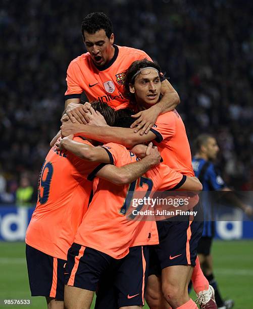 Pedro Rodriguez of Barcelona celebrates his goal with Zlatan Ibrahimovic and teammates during the UEFA Champions League Semi Final 1st Leg match...