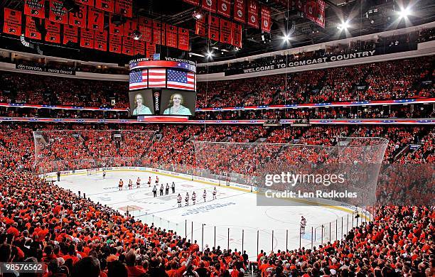 Kate Smith on the arena vision scoreboard sings God Bless America prior to the start of a playoff game between the New Jersey Devils and the...