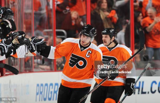 Mike Richards of the Philadelphia Flyers celebrates his second period goal against the New Jersey Devils in Game Three of the Eastern Conference...