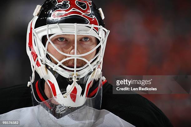 Martin Brodeur of the New Jersey Devils looks on against the Philadelphia Flyers in Game Three of the Eastern Conference Quarterfinals during the...