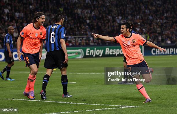 Pedro Rodriguez of Barcelona celebrates his 1:0 goal with teammate Zlatan Ibrahimovic during the UEFA Champions League Semi Final 1st Leg match...