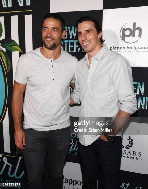 Deryk Engelland and Marc-Andre Fleury of the Vegas Golden Knights attend the grand opening of the "Gwen Stefani - Just a Girl" residency at Planet...