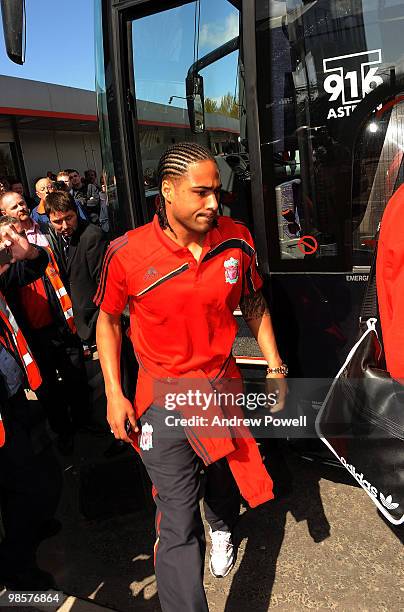 Glen Johnson of Liverpool arrives at Runcorn train station by coach to catch a train to London on April 20, 2010 in Runcorn, England. Liverpool FC...