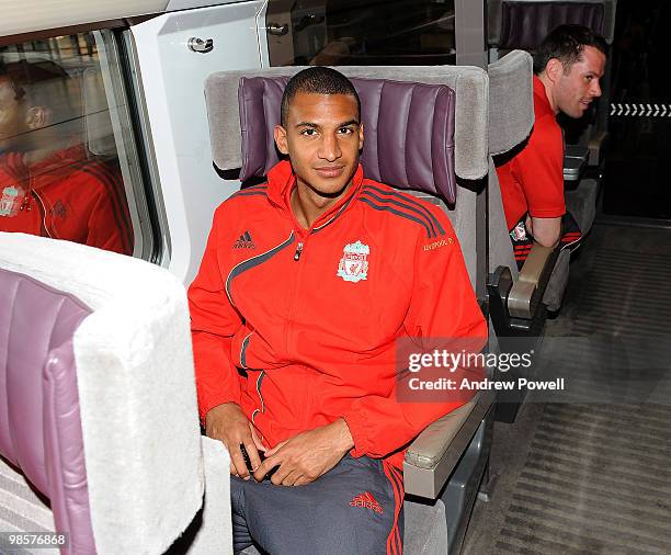 David Ngog of Liverpool travels on the Eurostar from London to Paris on April 20, 2010. Liverpool FC head to the Spanish capital for their UEFA...