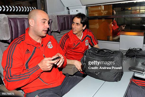 Pepe Reina and Yossi Benayoun of Liverpool travel on the Eurostar from London to Paris on April 20, 2010. Liverpool FC head to the Spanish capital...