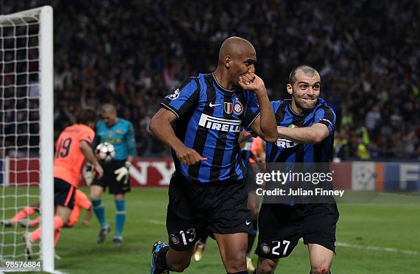 Maicon of Inter celebrates with teammate Goran Pandev after scoring the 2:1 goal during the UEFA Champions League Semi Final 1st Leg match between...