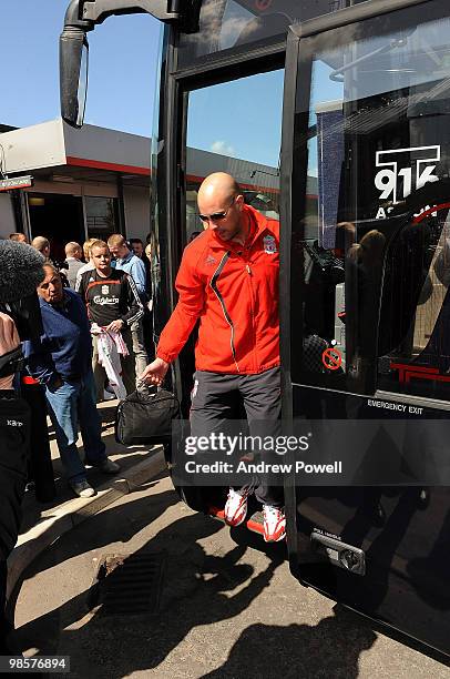 Pepe Reina of Liverpool arrives at Runcorn train station by coach to catch a train to London on April 20, 2010 in Runcorn, England. Liverpool FC head...