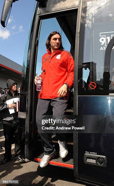 Sotirios Kyrgiakos of Liverpool arrives at Runcorn train station by coach to catch a train to London on April 20, 2010 in Runcorn, England. Liverpool...