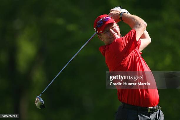 Woody Austin hits a shot during the third round of the Shell Houston Open at Redstone Golf Club on April 3, 2010 in Humble, Texas.