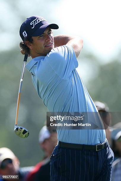 Adam Scott of Australia hits a shot during the first round of the Shell Houston Open at Redstone Golf Club on April 1, 2010 in Humble, Texas.