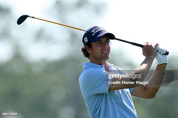 Adam Scott of Australia hits a shot during the first round of the Shell Houston Open at Redstone Golf Club on April 1, 2010 in Humble, Texas.