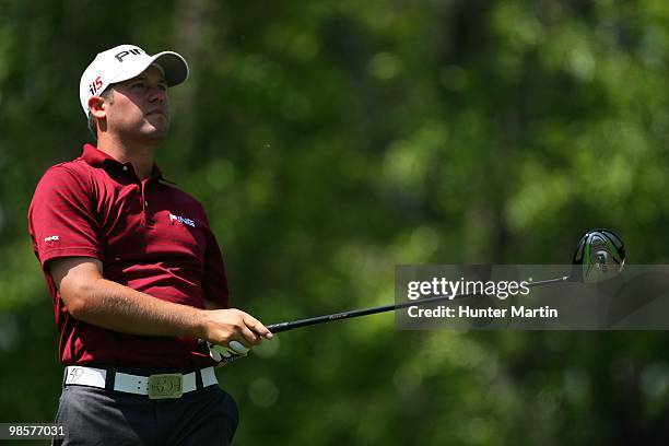 Alex Prugh watches his shot during the third round of the Shell Houston Open at Redstone Golf Club on April 3, 2010 in Humble, Texas.