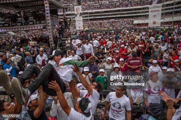 Supporters attend the final campaign rally for Andres Manuel Lopez Obrador, presidential candidate of the National Regeneration Movement Party , at...