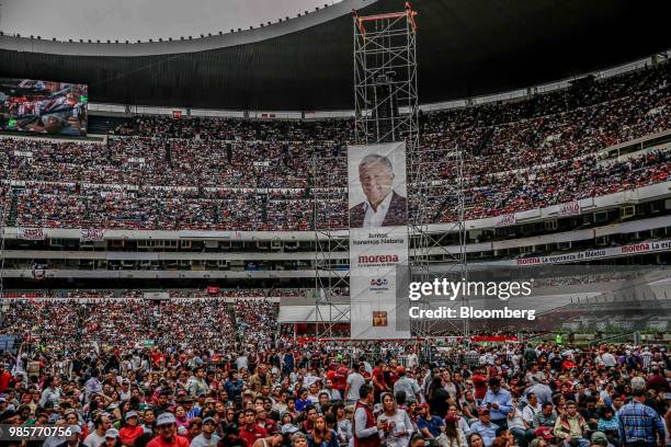 Supporters attend the final campaign rally for Andres Manuel Lopez Obrador, presidential candidate of the National Regeneration Movement Party , at...