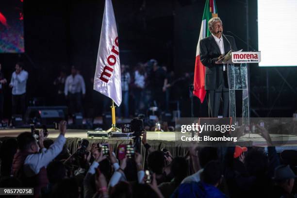 Andres Manuel Lopez Obrador, presidential candidate of the National Regeneration Movement Party , speaks during the final campaign rally at the...