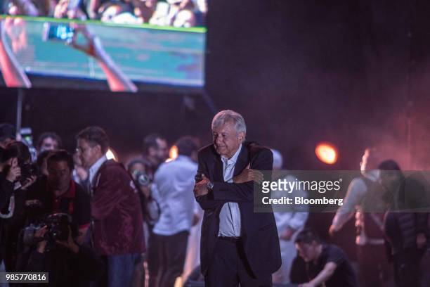 Andres Manuel Lopez Obrador, presidential candidate of the National Regeneration Movement Party , gestures to the crowd during the final campaign...