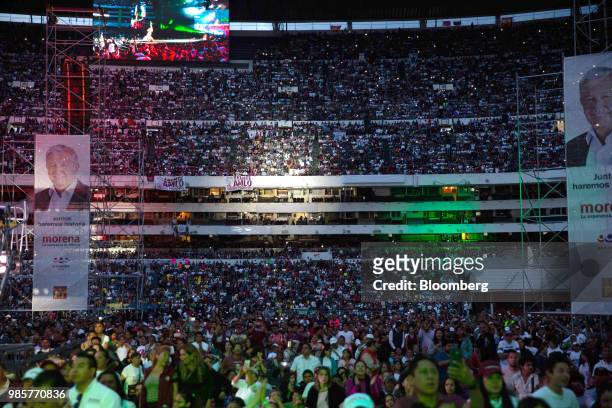 Supporters attend the final campaign rally for Andres Manuel Lopez Obrador, presidential candidate of the National Regeneration Movement Party , at...