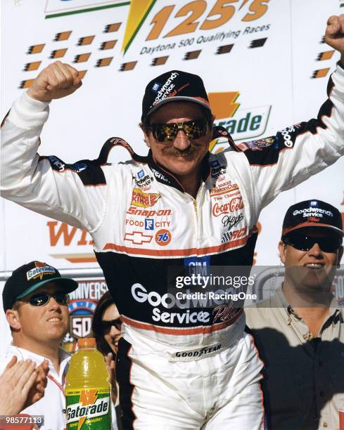 Dale Earnhardt, Sr. In victory lane following one of the Gatorade 125-mile qualifying races for the Daytona 500 at Daytona International Speedway,...