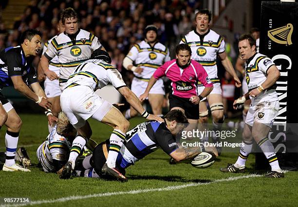 Matt Banahan of Bath dives over for a try during the Guinness Premiership match between Bath and Northampton Saints at the Recreation Ground on April...