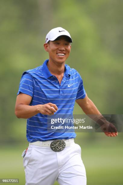 Anthony Kim reacts to his putt during the final round of the Shell Houston Open at Redstone Golf Club on April 4, 2010 in Humble, Texas.