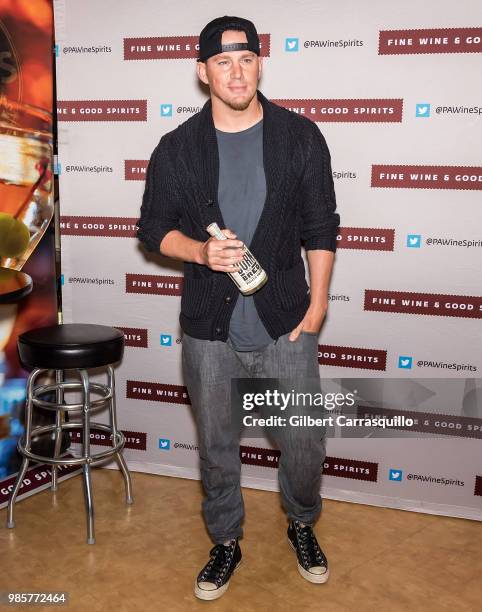 Actor Channing Tatum signs bottles of Born And Bred Vodka on June 27, 2018 in Hummelstown, Pennsylvania.