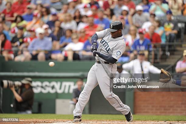 Designated hitter Ken Griffey Jr. #24 of the Seattle Mariners bats during the game against the Texas Rangers at Rangers Ballpark in Arlington in...