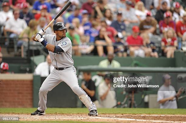 Franklin Gutierrez of the Seattle Mariners bats during the game against the Texas Rangers at Rangers Ballpark in Arlington in Arlington, Texas on...