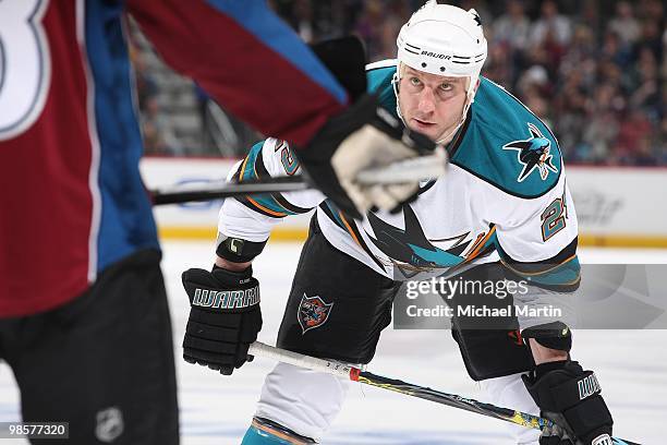 Ryane Clowe of the San Jose Sharks skates against the Colorado Avalanche in game Three of the Western Conference Quarterfinals during the 2010 NHL...