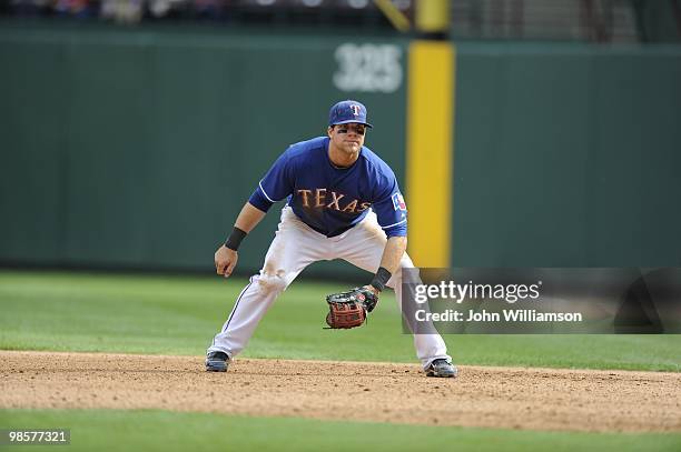 First baseman Chris Davis of the Texas Rangers looks to home plate for the pitch from his position in the field during the game against the Seattle...