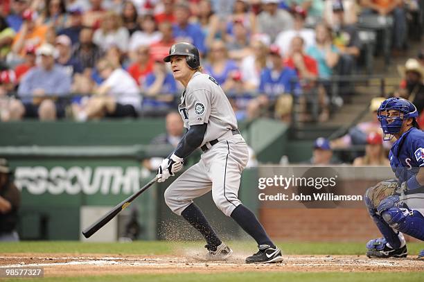 Eric Byrnes of the Seattle Mariners bats during the game against the Texas Rangers at Rangers Ballpark in Arlington in Arlington, Texas on Sunday,...