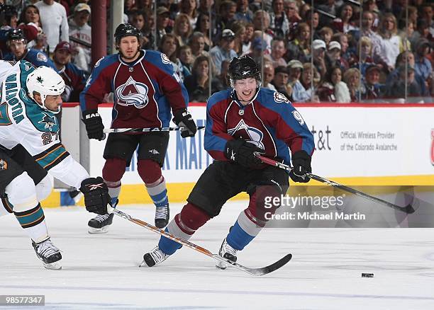 Matt Duchene of the Colorado Avalanche skates against the San Jose Sharks in game Three of the Western Conference Quarterfinals during the 2010 NHL...