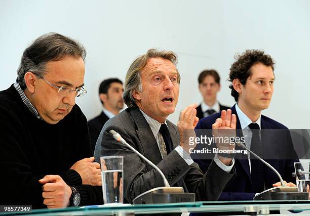 Luca Cordero di Montezemolo, chairman of Fiat SpA, center, speaks as Sergio Marchionne, the company's chief executive officer, left, and John Elkann,...