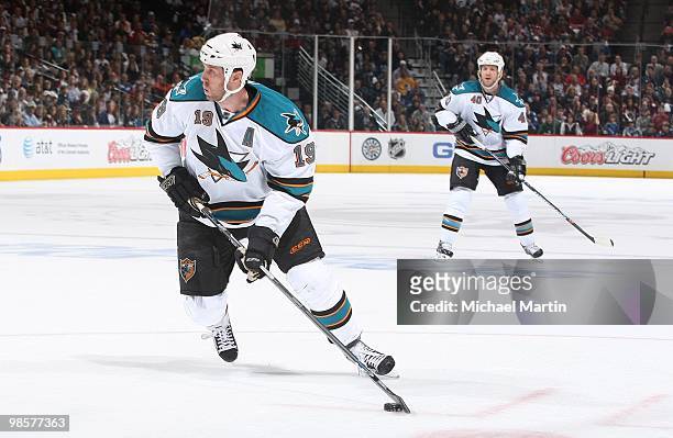 Joe Thornton of the San Jose Sharks skates against the Colorado Avalanche in game Three of the Western Conference Quarterfinals during the 2010 NHL...