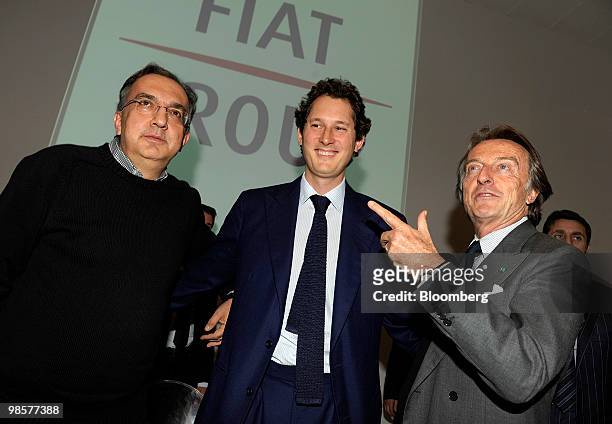 Sergio Marchionne, chief executive officer of Fiat SpA, left, John Elkann, the company's vice chairman, center, and Luca Cordero di Montezemolo, the...