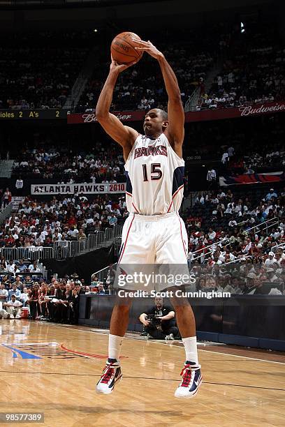 Al Horford of the Atlanta Hawks shoots a jump shot against the Milwaukee Bucks in Game One of the Eastern Conference Quarterfinals during the 2010...
