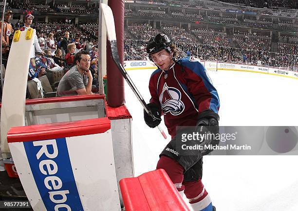 Matt Duchene of the Colorado Avalanche finishes warm ups prior to the game against the San Jose Sharks in game Three of the Western Conference...