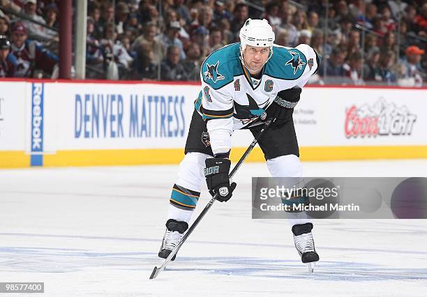 Rob Blake of the San Jose Sharks skates against the Colorado Avalanche in game Three of the Western Conference Quarterfinals during the 2010 NHL...