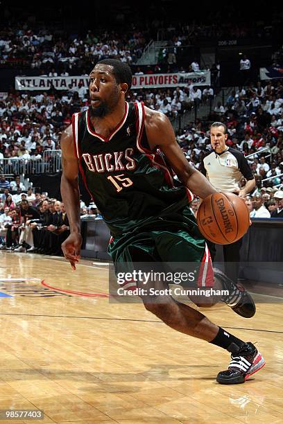 John Salmons of the Milwaukee Bucks drives to the baset against the Atlanta Hawks in Game One of the Eastern Conference Quarterfinals during the 2010...