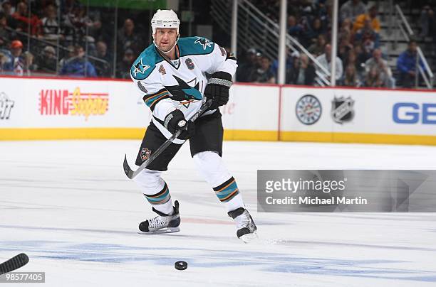 Rob Blake of the San Jose Sharks passes against the Colorado Avalanche in game Three of the Western Conference Quarterfinals during the 2010 NHL...