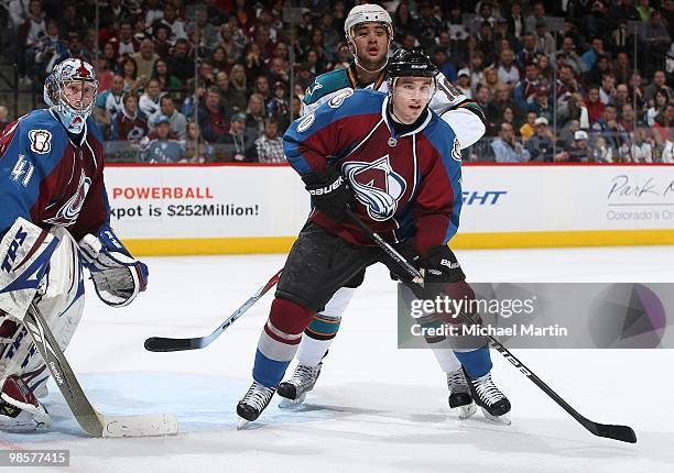 Kyle Cumiskey of the Colorado Avalanche defends against the San Jose Sharks in game Three of the Western Conference Quarterfinals during the 2010 NHL...