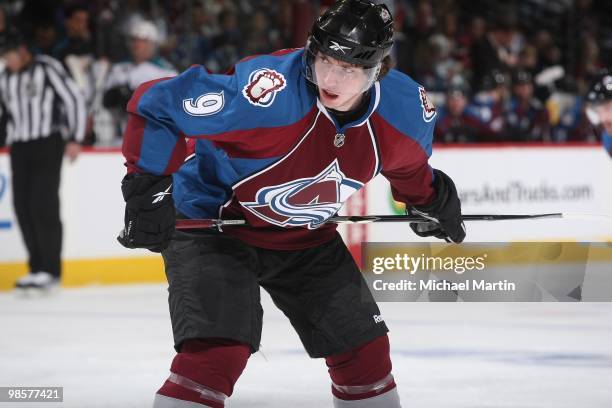 Matt Duchene of the Colorado Avalanche waits for a faceoff against the San Jose Sharks in game Three of the Western Conference Quarterfinals during...
