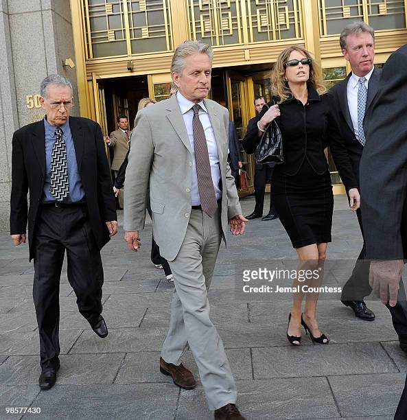 Actor Michael Douglas and his ex-wife, producer Diandra Douglas, depart the US District Court building following the sentencing of their son Cameron...