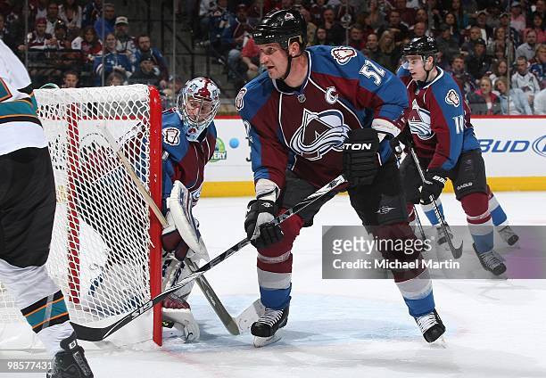 Adam Foote of the Colorado Avalanche skates against the San Jose Sharks in game Three of the Western Conference Quarterfinals during the 2010 NHL...