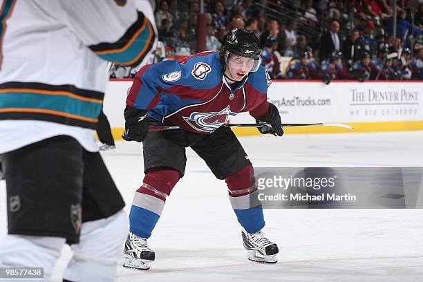 Matt Duchene of the Colorado Avalanche waits for a faceoff against the San Jose Sharks in game Three of the Western Conference Quarterfinals during...