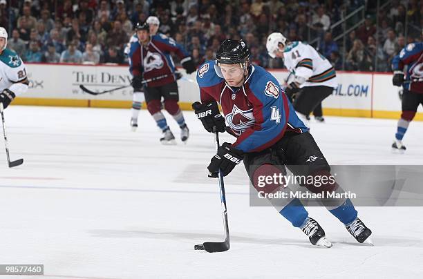 John-Michael Liles of the Colorado Avalanche skates against the San Jose Sharks in game Three of the Western Conference Quarterfinals during the 2010...