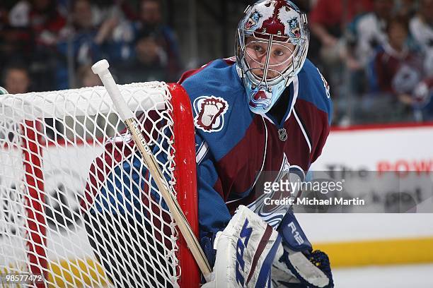 Goaltender Craig Anderson of the Colorado Avalanche stands ready against the San Jose Sharks in game Three of the Western Conference Quarterfinals...
