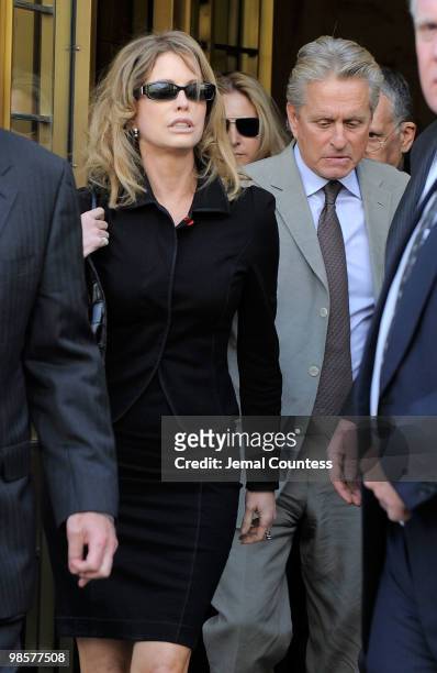 Actor Michael Douglas and his ex-wife, producer Diandra Douglas, depart the US District Court building following the sentencing of their son Cameron...