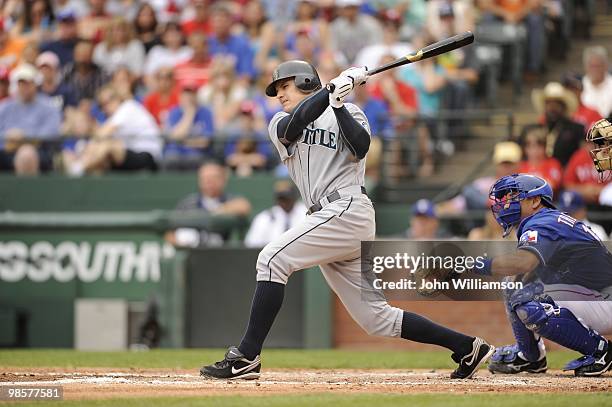 Eric Byrnes of the Seattle Mariners bats during the game against the Texas Rangers at Rangers Ballpark in Arlington in Arlington, Texas on Sunday,...