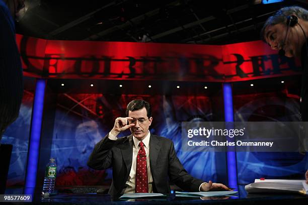 Behind the scenes on the set of the Comedy Central hit show "The Colbert Report" January 3, 2006 in New York City with host Stephen Colbert.