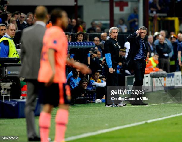 Inter Milan Head Coach Jose Mourinho and Barcelona Head Coach Josep Guardiola during the UEFA Champions League Semi Final First Leg match between...
